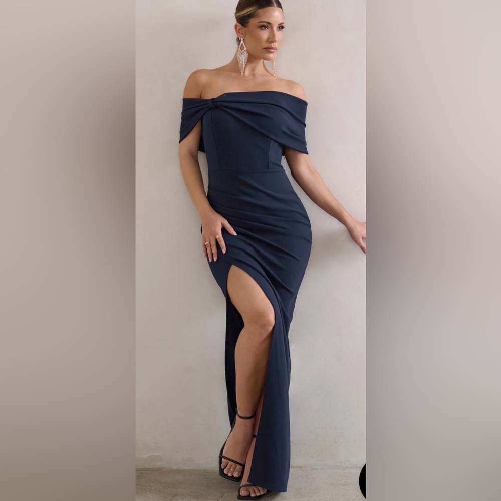 Club L London Navy Bardot Bow Detail Maxi Dress with Thigh Split